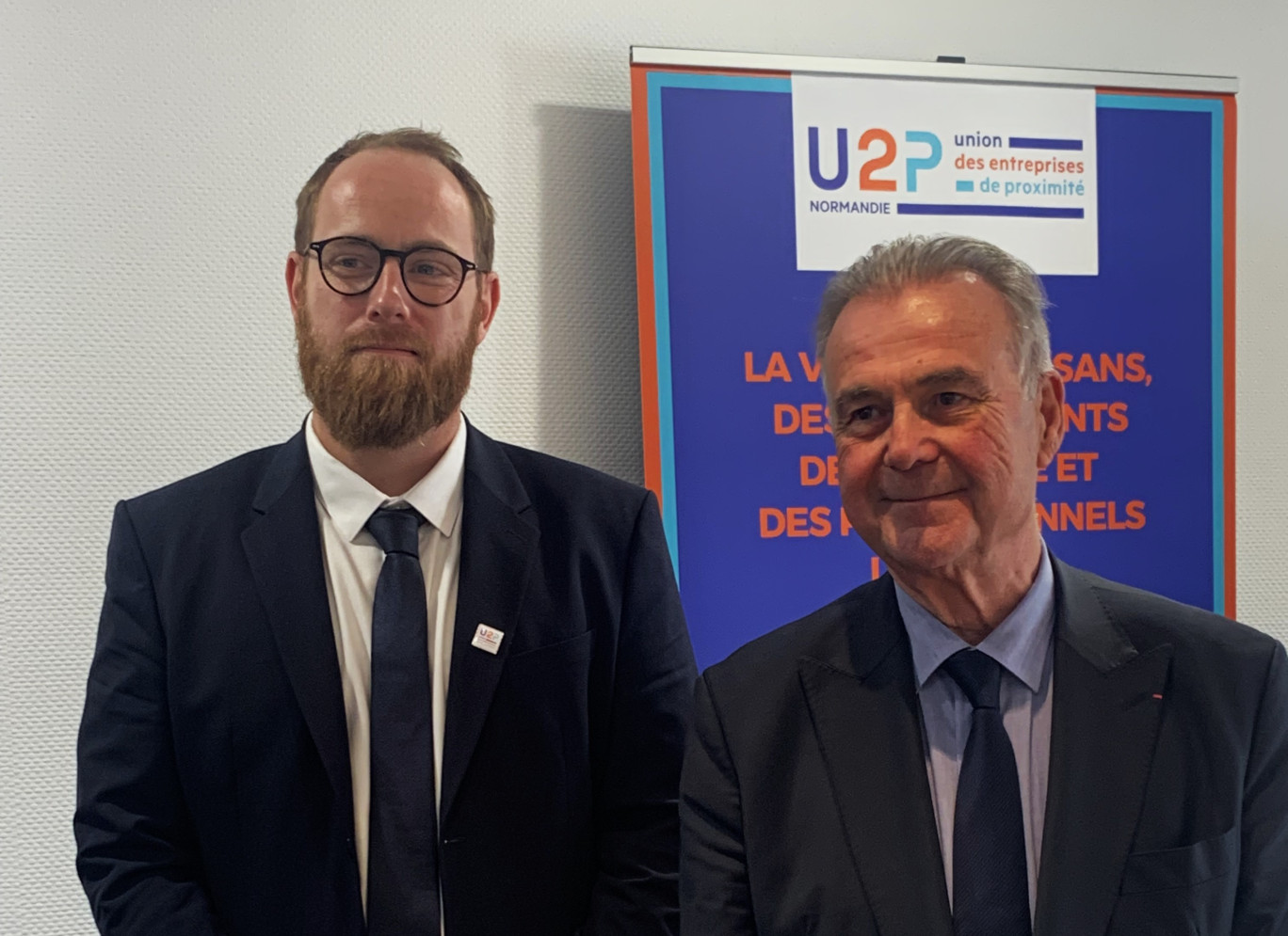 Florian Leclerc, président U2P Normandie recevait Michel Picon, président national, le 29 novembre à Rouen. (© Aletheia Press / L.Brémont)